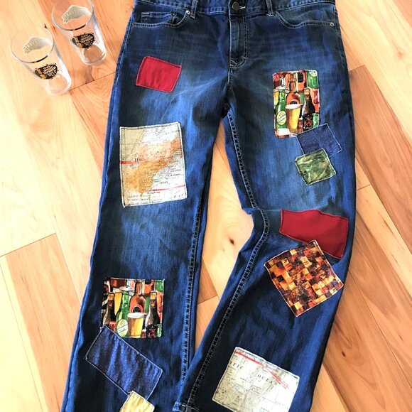 Upcycled Hippie Patchwork Jeans, Men’s Size 36/30: Handmade Bar Scene Patches - Picture 6 of 12